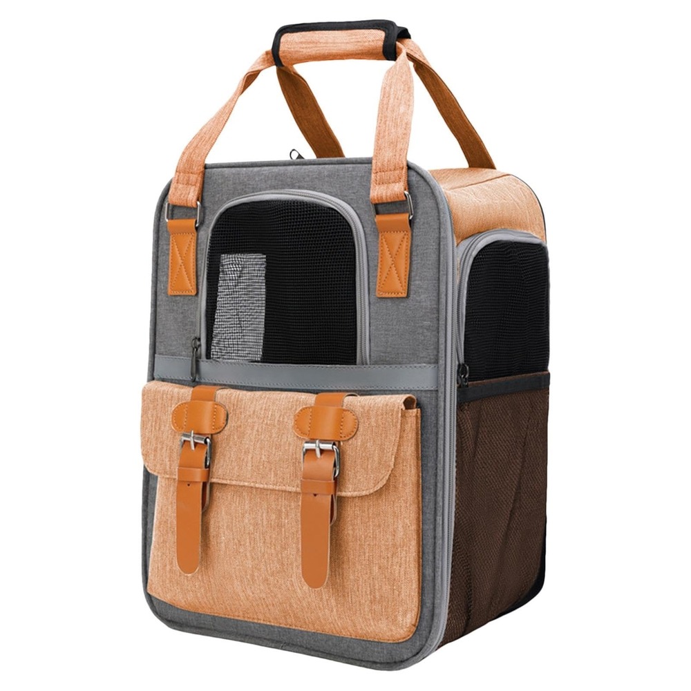 Pet Carrier Backpack Small Dog Cat Travel Bag Grey Tan Canvas Pockets Reflective
